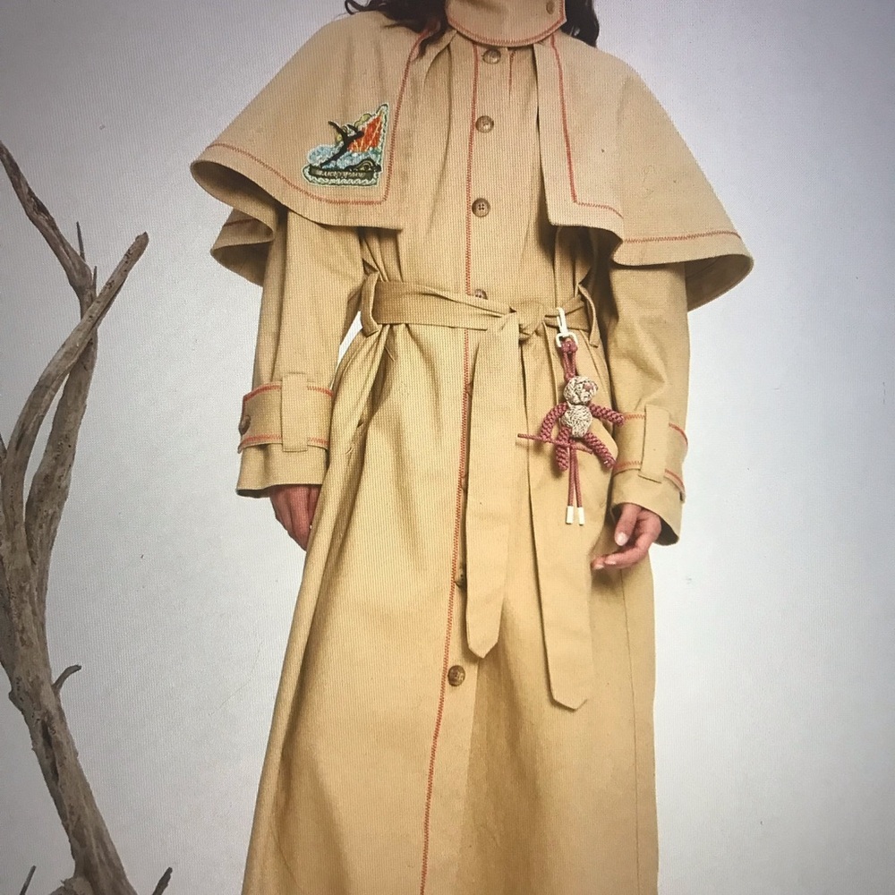 Tan Cape Trench Coat with Embroidery,authentic Alemais, organic cotton.